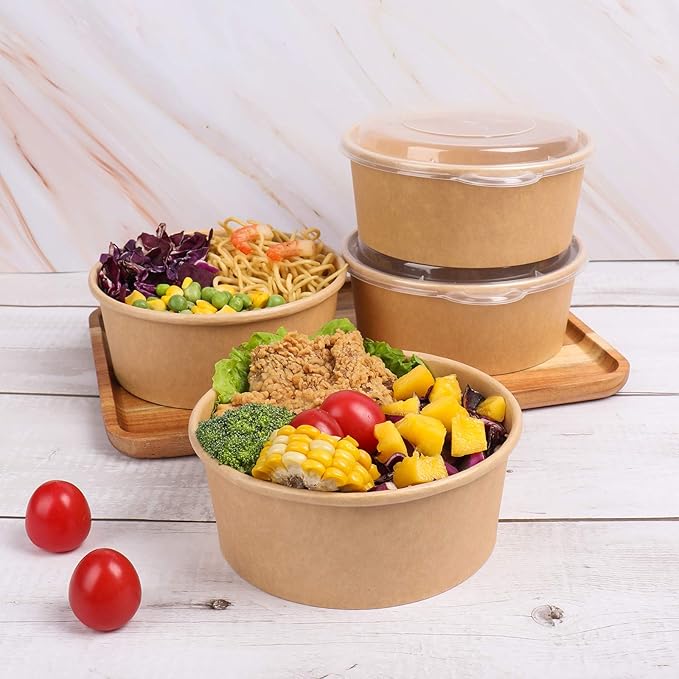 25 oz Disposable Kraft salad paper bowls with lids, Food containers Soup Bowls Party Supplies Treat Bowls 50 Pack