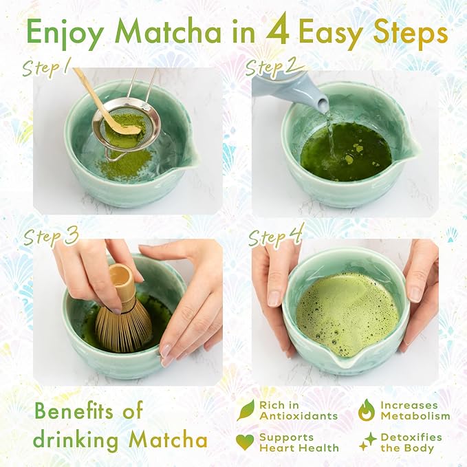 Matcha Bowl | Japanese Crystal-Glazed Ceramic Matcha Tea Bowl with Spout | Traditional Matcha Chawan | Designed in Japan |「Crystal Shell Green」