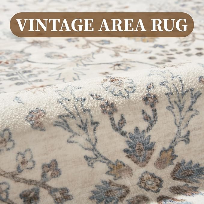 MontVoo-Vintage Area Rug 8X10 Beige for Living Room - Soft Distressed Printed Carpet for Bedroom - Non Slip, Machine Washable for Dining Room, Bedside, Office