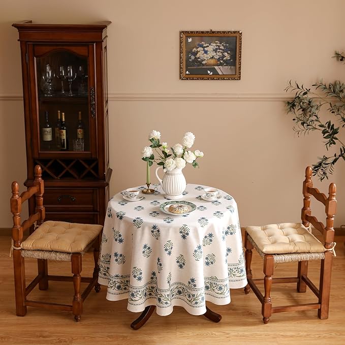 ISAENNE Designer White Linen Small Round Tablecloth,Chinoiserie Floral Elegant Indoor Table Cloth,Fall Stain Proof Decor Tablecloths for Dining Thanksgiving Kitchen,Diameter 55"-Mosella F