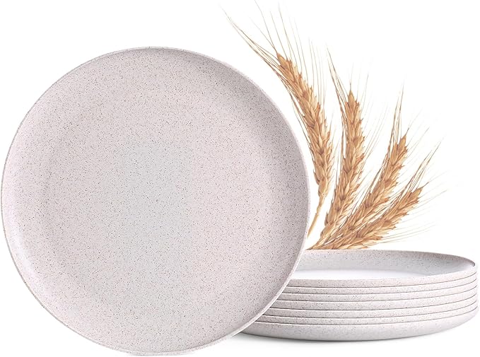 MISS BIG 10 inches Wheat Straw Plates,Plastic Plates Reusable Set of 8,Dinner Plates for Kids&Adults,Dishwasher & Microwave Safe,Eco-Friendly,BPA Free(Wheat White)