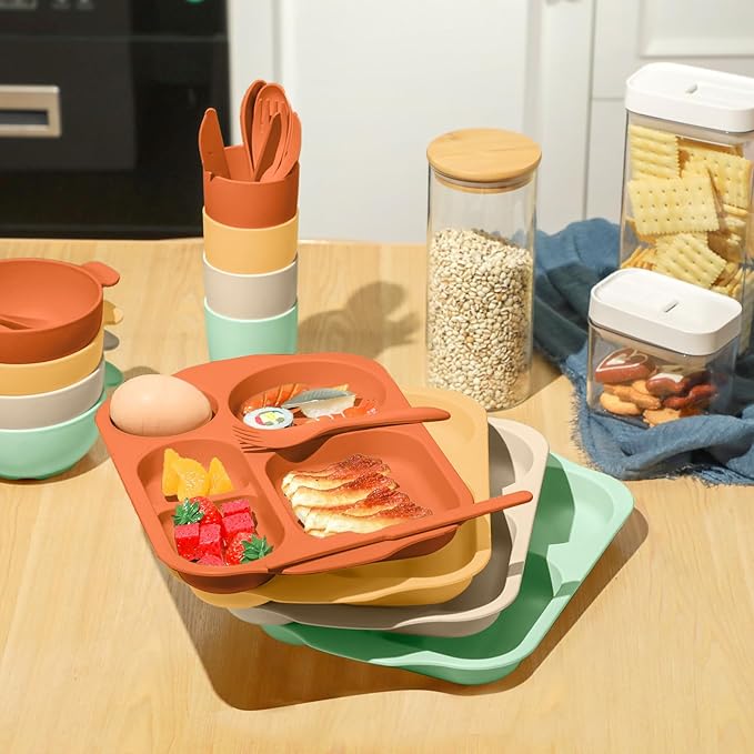Tanlade 24 Pcs Wheat Straw Dinnerware Cutlery Sets, Divided Plates Unbreakable Bowl Microwave Dishwasher Safe Tableware Cutlery Spoon Knife Fork Cup(Orange, Yellow, Beige, Green)
