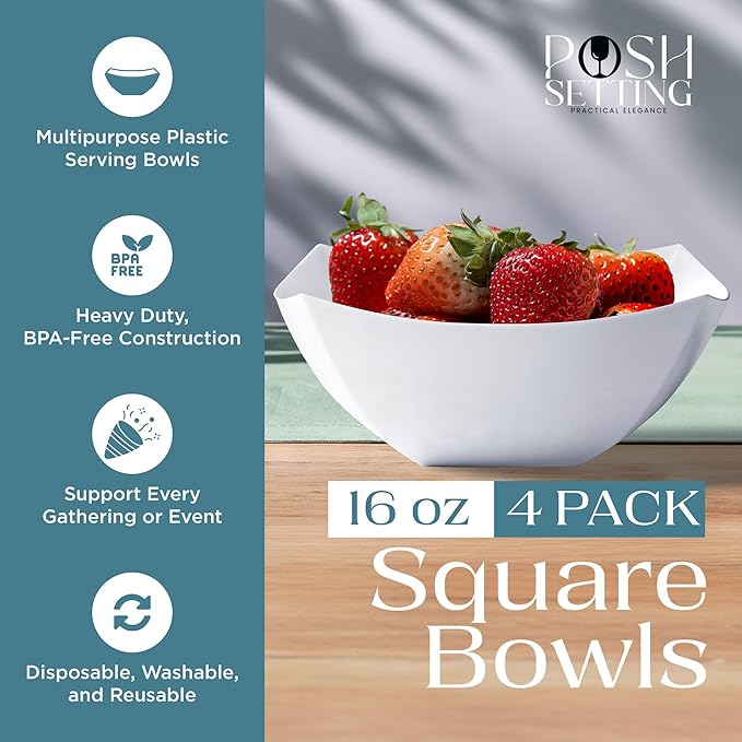 Posh Setting - White Plastic Square Serving Bowls for Party (16oz - 4 Pack), Disposable & Candy Containers for Party Table & Buffet