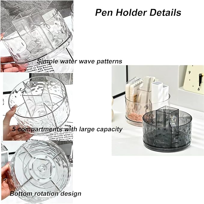 Heavy Duty Rotating Pencil Holder, Desk Organizer with Multi-Compartment Design-Stylish, Functional Storage Solution for Home Offices, Classroom, Art Supplies Storage (Transparent ripple)
