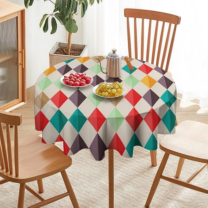 Abstract Geometric Round Tablecloth, Modern Mid Century Background Mid Century Colorful Print Pattern Tablecloth for Home Party Dining Room Kitchen Decor 50Inch(127cm)