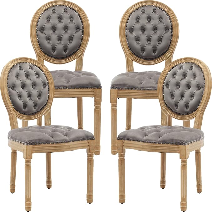 Vintage French Dining Chairs Set of 4, Round Back Velvet Upholstered Accent Chairs with Nailhead Trim and Solid Wood Frame, Elegant Sillas de Comedor for Dining Room & Kitchen, Gray
