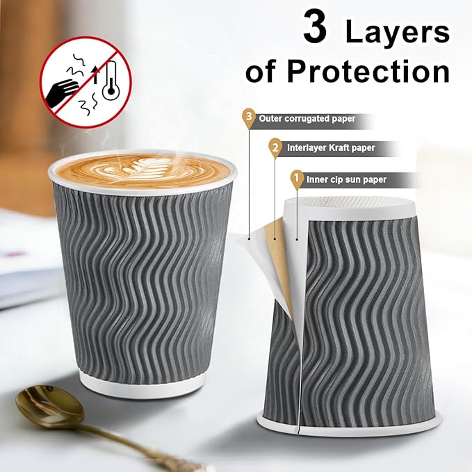 Coffee Cups 10 oz 120 Pack, Corrugated Insulated Ripple Wall Disposable Paper Coffee Cups 10oz, To Go for Hot Beverage or Cold Drinks Office/Home/Cafe/Party/Travel (Grey)
