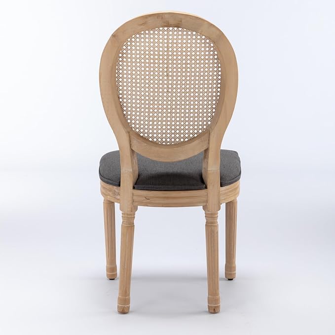 Ball & Cast French Vintage Upholstered Dining Chairs Set of 2, Antique Painting Wooden Kitchen Side-Chairs with Rattan Back & Carved Solid Wood Frame, 2-Piece Curved Backrest Louis Chair, Gray