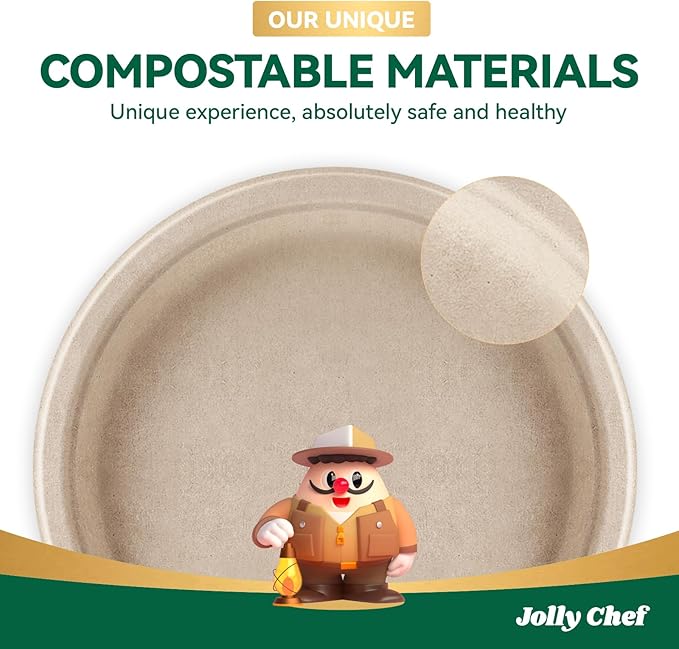 JOLLY CHEF Compostable Heavy Duty Plates 𝟭𝟬 𝗜𝗻𝗰𝗵 [𝟭𝟬𝟬 𝗣𝗮𝗰𝗸] Eco-Friendly Disposable Natural Paper Plate Bagasse Biodegradable Food Trays for Party Dinner Hot Cold Food Christmas (Brown)
