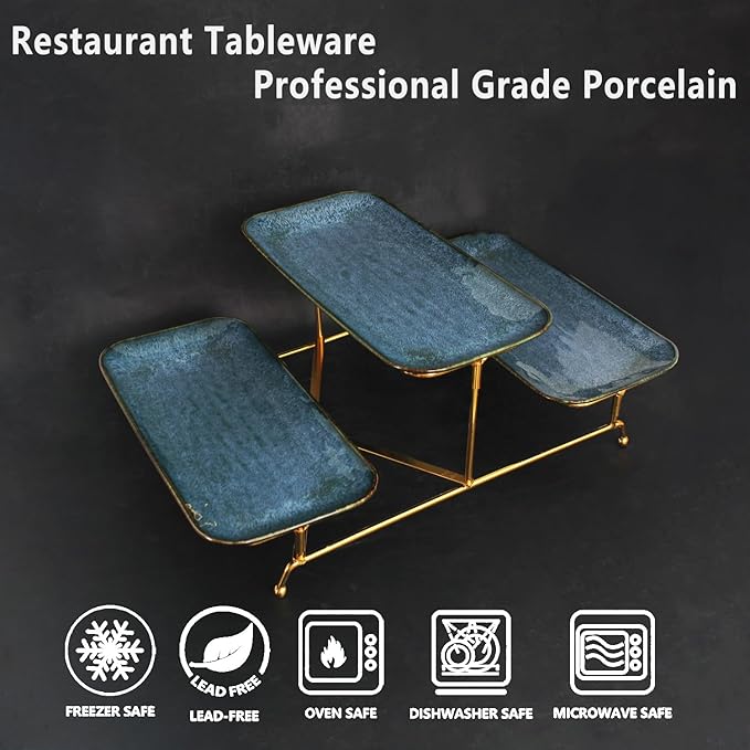 3 Tier Serving Trays for Party, 14.1 Inch Porcelain Serving Platters and Tiered Trays, Foldable Sturdy Gold Stand, for Food Display, Fruit, Cake Dessert, Decoration Entertaining, Blue