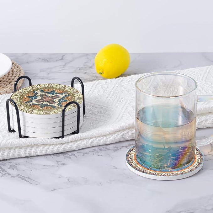 Coasters Absorbent Ceramic Coaster Drink Coasters with Cork Back Persian Pattern Set of 6 Round Coaster Non Slip for Coffee Table Wine Glass Home Bar 4 Inch, Colorful