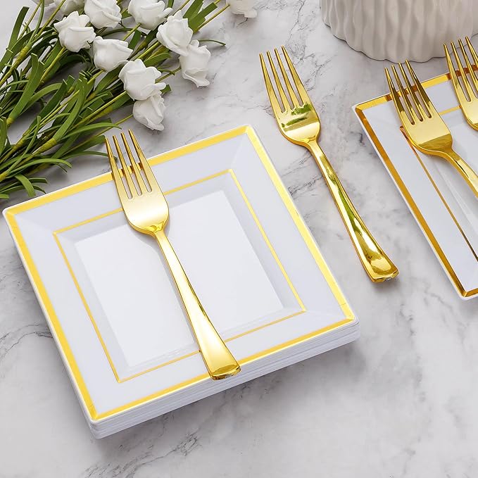 Goodluck 240PCS 6.5" Square Gold Dessert Plastic Plates with 7.4" Forks, Gold Appetizer Plates for 120 Guests, Including 120 Disposable Cake Plastic Plates and 120 Forks for Wedding/Birthday Party