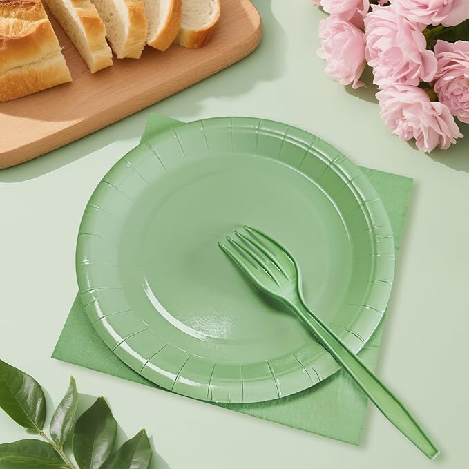 Serves 35 Guests Gradient Sage Green Plates and Napkins Party Supplies,7" Gradient Sage Green Birthday Dessert Paper Plates and Napkins,Disposable Party Dinnerware for Wedding,Graduation