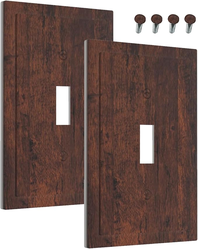Decorative Light Switch Cover Brown Red Rustic Wood Grain Retro Farmhouse 1 Gang Wall Plate Cover Single Toggle Outlet Covers Switchplate Electrical Faceplate for Farmhouse Cabin Decor（2 Pack）