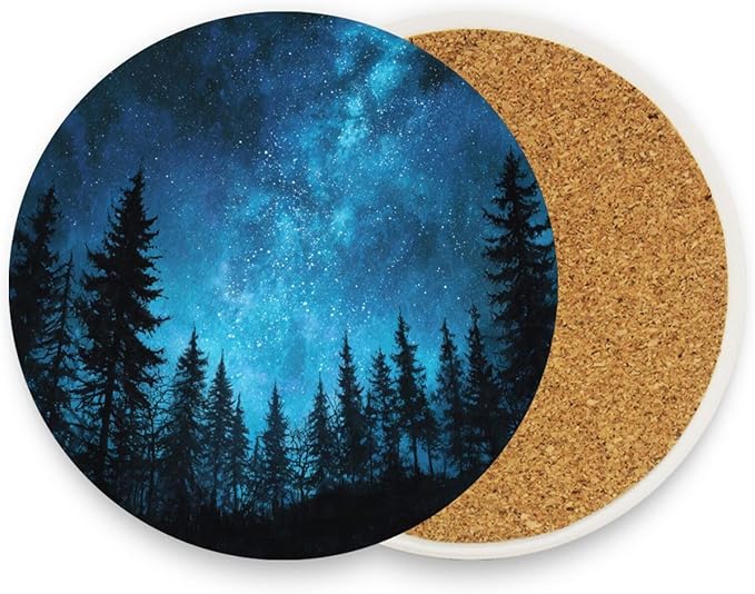 Coasters for Drinks Coaster Drink Set Decorative Coffee Table Desk Cup Mat Spring Cute Cork Bar Backing Round Home Decor Forest Starry Night Pine Tree Blue08