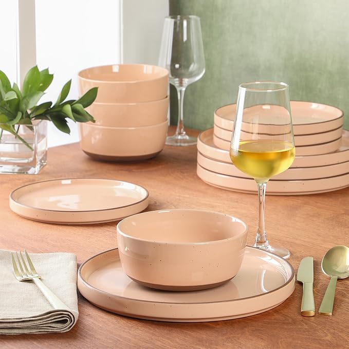 Gibson Elite Northrock Stoneware Dinnerware Set, 12-Piece Service for 4 Plates and Bowls Set – Pink Dishes with Hand-Painted Terracotta Base