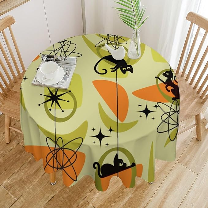 Mid Century Black Cat Round Tablecloth, Vintage Modern Bohemian Abstract Geometric Retro Art Tablecloth for Home Party Dining Room Kitchen Decor 70Inch(178cm)
