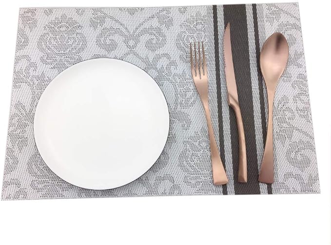 Gugrida Silver Placemats Dining Table, Heat-Resistant Placemats Stain Resistant Anti-Skid Washable PVC Table Mats Woven Vinyl Placemat, Set of 6