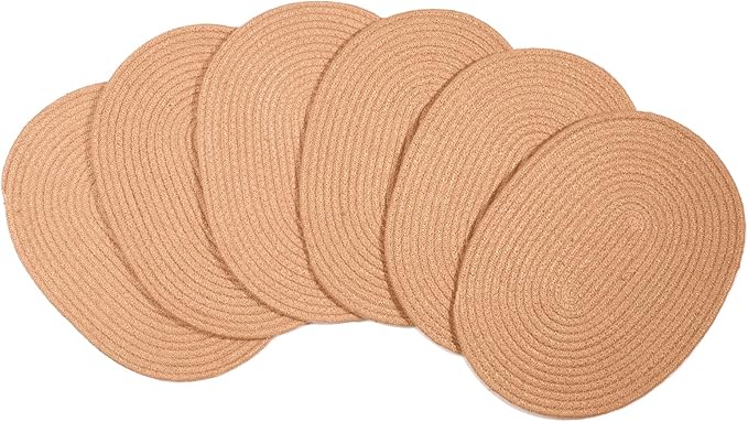 Jute Woven Oval Placemats Set of 6, Brown Plate Charger 12x16 inches Jute Heat Resistant Non-Slip Weave Place mats Farmhouse Straw Braided Rattan Tablemats Wicker Placemats for Dining Table