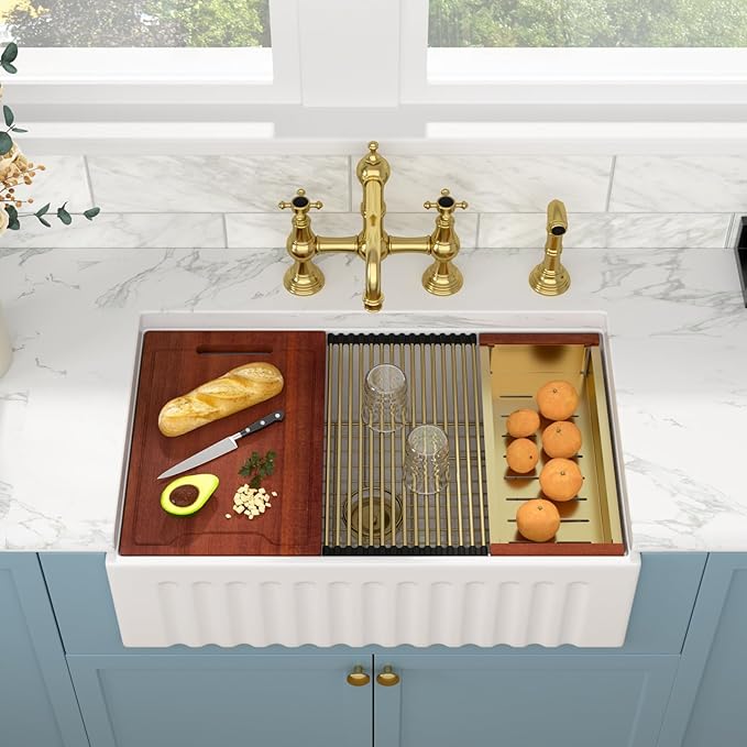 Sarlai White Farmhouse Sink - 30 Inch Farm Kitchen Sink Undermount Workstation Apron Front Reversible Ceramic Fireclay Single Bowl Farmer Sinks Basin 30 x 20 Inch With Gold Accessories