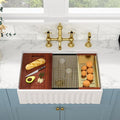 Sarlai White Farmhouse Sink - 30 Inch Farm Kitchen Sink Undermount Workstation Apron Front Reversible Ceramic Fireclay Single Bowl Farmer Sinks Basin 30 x 20 Inch With Gold Accessories