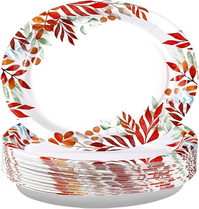 Grencian 50Pcs Fall Oval Paper Plates 10" x 12" Large Disposable Heavy Duty Fall Maple Leaves Paper Plates Autumn Leaves Seasonal Party Decorations for Thanksgiving Holiday Party Supplies