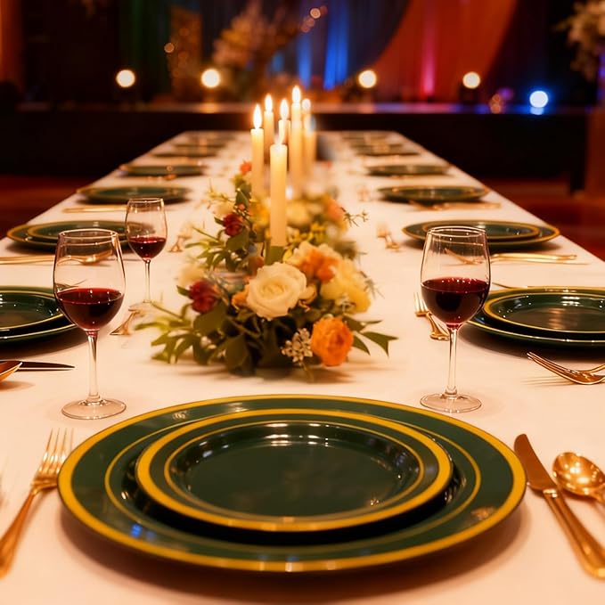 200PCS Green Plastic Plates, Green Disposable Plates with Gold Rim Include 100 Dinner Plate 10 inch and 100 Dessert Plate 7 inch Perfect for Party & Wedding