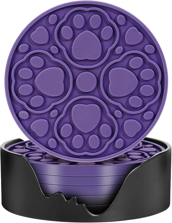 6 Pack Purple Silicone Coffee Coasters with Holder, 4 Inches Non-Slip Decorative Round Coaster for Tabletop, Desk Dishwasher Safe Cup Mat for Bar, Drinks, Beer