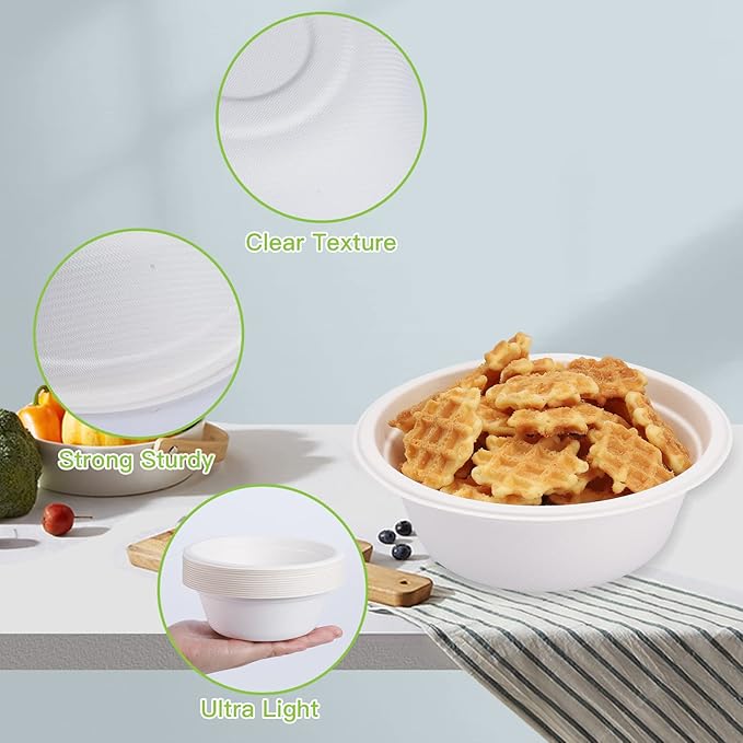 150 PCS Eco-Friendly Sugarcane Bowls - 12 oz Heavy-Duty Disposable Paper Bowls - 100% Compostable and Biodegradable for Hot or Cold Food, Snacks, Salads, Soup