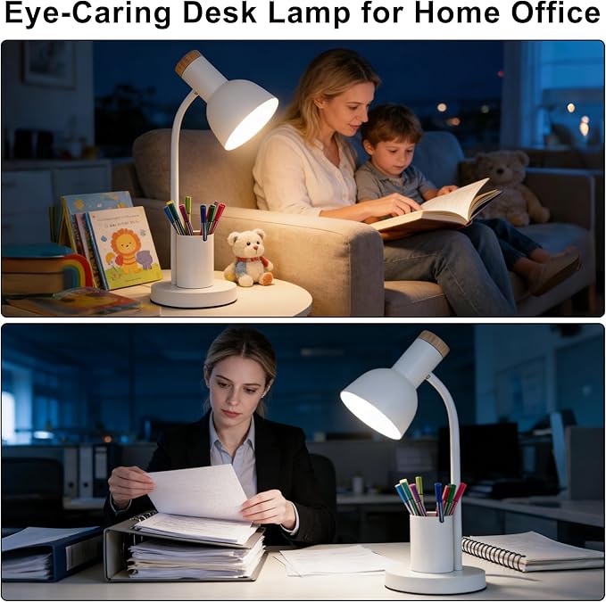 WLHONG LED Desk Lamp, Table Lamps with Pen Holder, 3 Color Modes Eye-Caring Reading Light with Flexible Gooseneck, Study Lamp for Kids Bedside Home Office Room College Dorm Essentials (White)