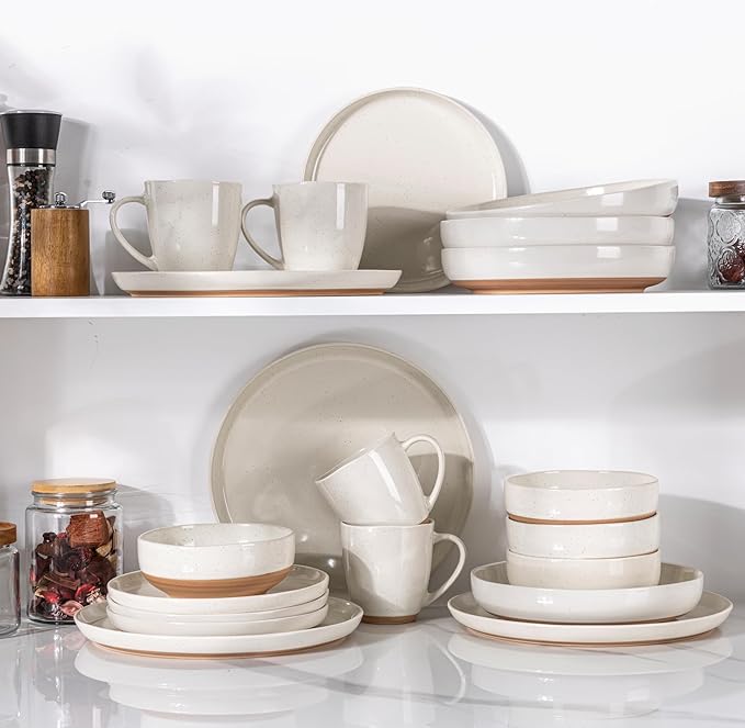 AmorArc 8.75'' Large Ceramic Pasta Bowls, 36oz Handpainted Stoneware Bowls Set of 4, Microwave&Dishwasher Safe Bowls with Wavy Rim&Rustic Terracotta Underside for Pasta Salad, Light Beige
