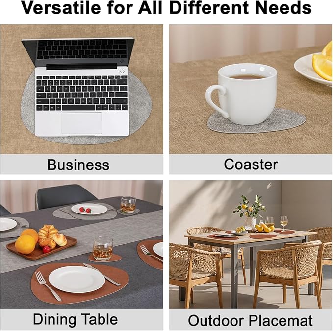 Placemats and Coasters, Washable Placemats Round Faux Leather Wipeable Place Mats Non Slip Heat Resistant Indoor Outdoor Table Mats (Set of 6, Light Gray Reddish Brown)