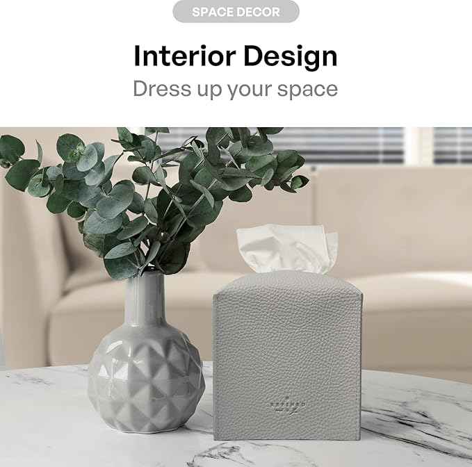 Carrotez Tissue Box Cover, [Refined] Modern PU Leather Square Tissue Box Holder - Decorative Organizer for Bathroom Vanity Countertop, Night Stands, Office Desk & Car 5"X5"X5" - Pastel Grey