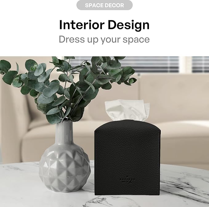 carrotez Tissue Box Cover, [Refined] Modern PU Leather Square Tissue Box Holder - Decorative Holder/Organizer for Bathroom Vanity Countertop, Night Stands, Office Desk & Car 5X5X5 - Black