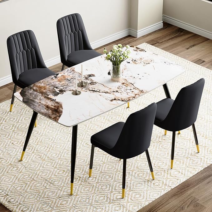 Table and Chairs Set of 4, Dining Room Table Set for 4, Sintered Stone Kitchen Table Top and Modern Chairs Set of 4 for Kitchen Dining Room
