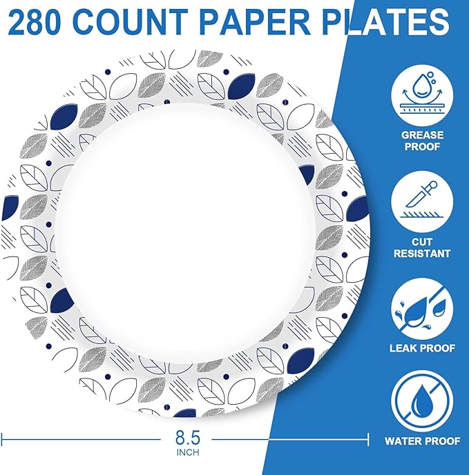 8.5 Inch Paper Plates Bulk 280 Count, Cut Proof Heavy Duty Paper Plates, Soak Proof Dessert Plate, Disposable Dinner Plate for Party, Birthday and Picnic (Leaf)