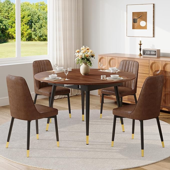 53” Round Dining Table Set for 4｜5 Piece Wood Dining Table Set｜Extendable Dining Room Table with 4 Chairs｜Walnut Wooden Tabletop with Metal Legs｜Easy Assembly｜Space Saving｜for Kitchen, Living Room
