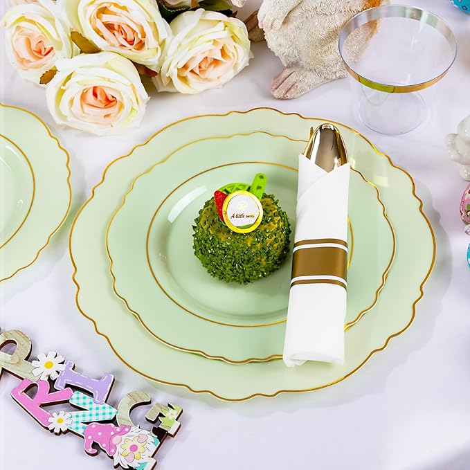 Liacere 350PCS Light Green Plates - Disposable Green and Gold Plastic Plates 50guest Baroque Dinnerware include 100Plates,50Pack Pre Rolled Napkins with Silverware 50Cups for Wedding ＆ Easter Day