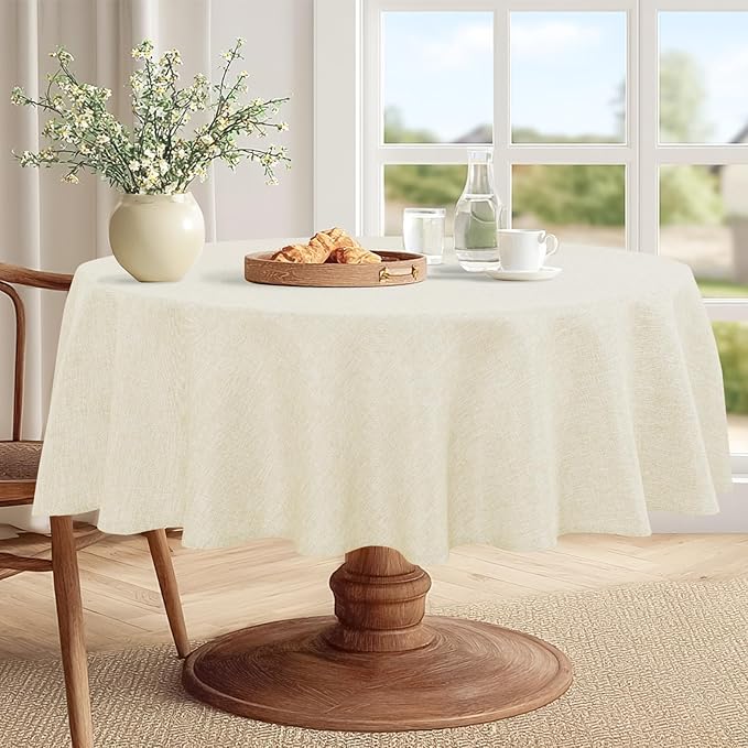 JIUZHEN Round Table Cloth Faux Linen Farmhouse Tablecloth Wrinkle & Stain Resistant Table Cover for Kitchen Dining, Holiday Party Dinner, Champagne, 108 Inch Round