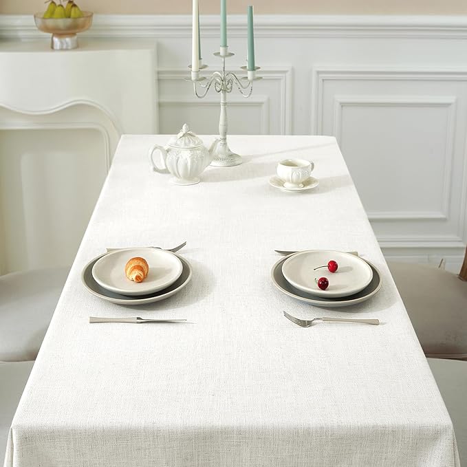 JIALE Textured Tablecloths, Heavy Duty Cotton Linen Farmhouse Table Cloth Rectangle Table, Waterproof Wrinkle-Free Rectangle Tablecloth for Kitchen, Dining, Parties, 55"x90", Ivory