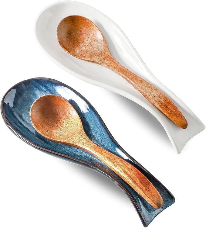 Ceramic Spoon Rest for Stove Top,Large 8.7 Inch Spoon Holder for Kitchen Counter,Porcelain Rest for Thankgiving and Christmas Gift,Dishwasher Safe and Heat-Resistant,White and Blue(2 PC)