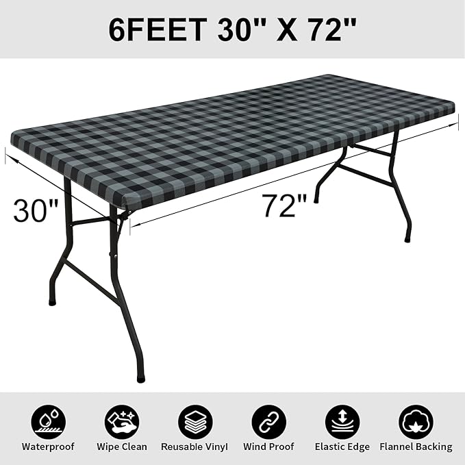 Smiry Rectangle Picnic Table Cloth, Elastic Waterproof Fitted Vinyl Tablecloths, Flannel Backed Buffalo Plaid Table Covers for Dining, Camping, Outdoor (Black and Grey, 30" x 72")