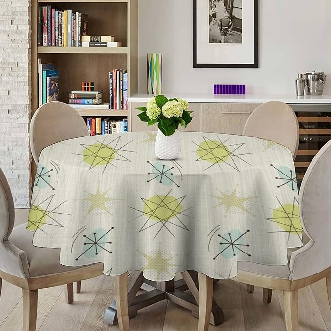 Mid Century Retro Round Tablecloth, Modern 1950s Style Abstract Geometric Vintage Print Tablecloth for Home Party Dining Room Kitchen Decor 50Inch(127cm)