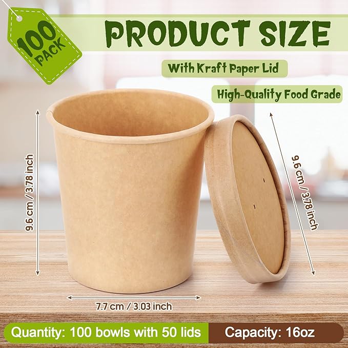 Fulmoon 100 Pack Paper Soup Containers with Lids Disposable Paper Food Containers with Vented Lid Kraft Ice Cream Cake Dessert Cups Soup Bowl for Party Hot Food Fruit Microwave(16 oz,Brown)