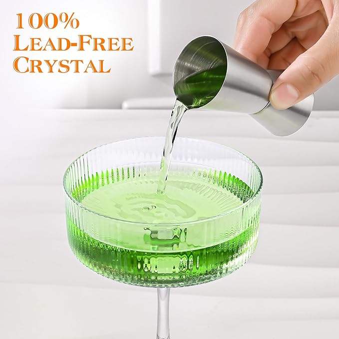 Vintage Ribbed Coupe Glasses Set of 6-11oz Clear 100% Crystal Martini Glasses Elegant Cocktail Glasses, Transparent Glassware for Champagne, Margaritas, Espresso with a Rose Ice Mold