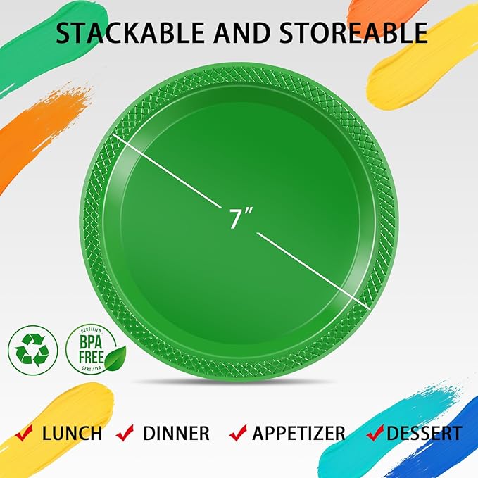 WELLIFE Green Party Plates 7 Inch -150 Count, Plastic Disposable Dessert Plates for New Year Party St. Patrick's Day Easter Cake Appetizers Salad