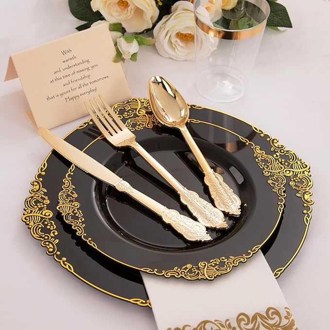 Hioasis 350pcs Black and Gold Plates - Black Party Plates for 50 Guest, Include 100 Heavy-duty Plates(20% Thicker Than Standard), 50 Pre Rolled Gold Plastic Silverware Set, 50 Cups