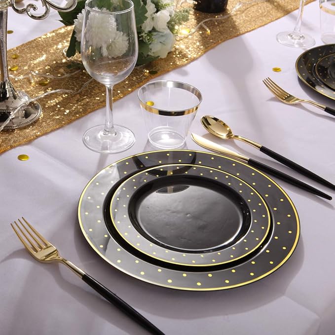 I00000 102 Pcs Black and Gold Plastic Plates, Black Disposable Party Plates Include 51 Dinner Plate 10.25’’ and 51 Dessert Plate 7.5’’ Perfect for Birthday, Wedding & Party