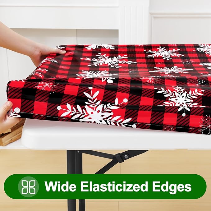 Smiry Plastic Christmas Tablecloth, Buffalo Plaid Waterproof Elastic Fitted Table Covers, Wipeable Flannel Backed Vinyl Tablecloths for Dinner, and New Year Celebration (Black & Red, 30x96 Inches)