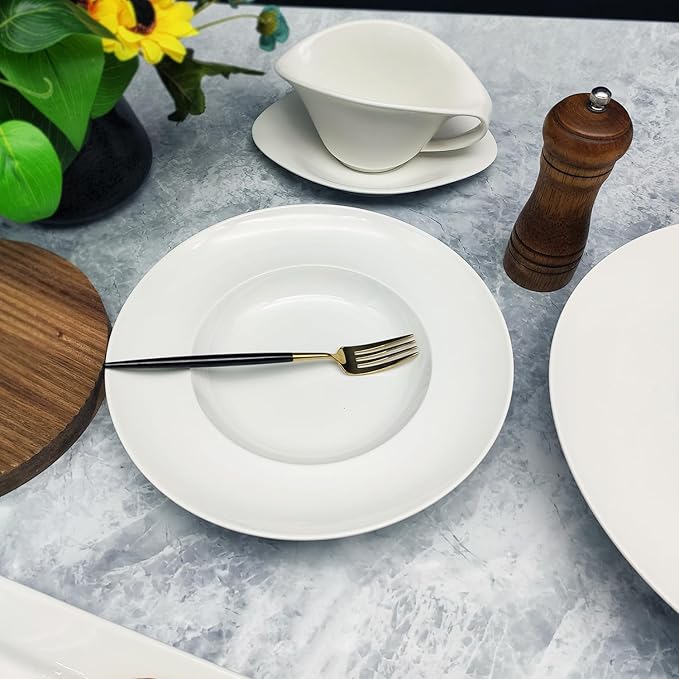 Pasta Plates with Rim 17.1 oz, Soup Bowl Pasta Bowl Set of 4, White Shallow Bowl Plate, Ceramic Wide Rimmed Soup Bowl, Best choice for high-end restaurants, hotels, and foodies, 11.3 Inch